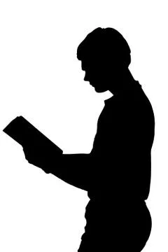 Side profile portrait silhouette of standing teenage boy reading book Stock Illustration
