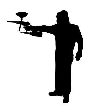 Side profile silhouette of paintball player with raised gun Stock Illustration
