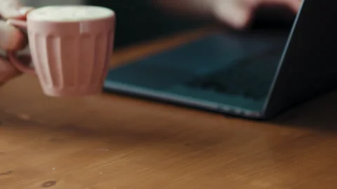 Side Profile View of Open Laptop on Wooden Table Stock Footage 346636110