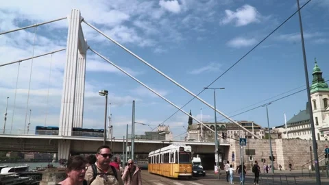 A side-profile view of the western end of the Erzsébet híd (Elizabeth Bridge) 動画素材 335272004