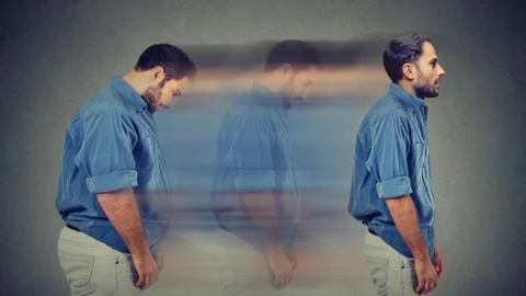 Side profile of a young chubby man transformation into a slim person Stock Photos