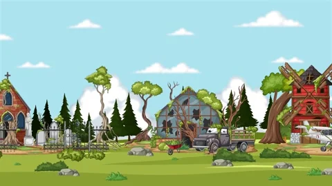 Side-Scrolling Cartoon Countryside with Evolving Rustic Landmarks Stock Footage 325698942