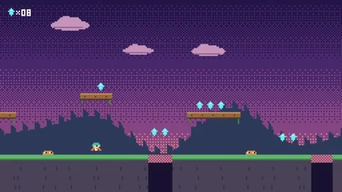 Side scrolling platformer game level with hero collecting crystals in a Vídeos de archivo 348648637
