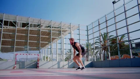 Side shoot of intensive workout with push-ups at early sunny morning sport play Stock Footage 117130074