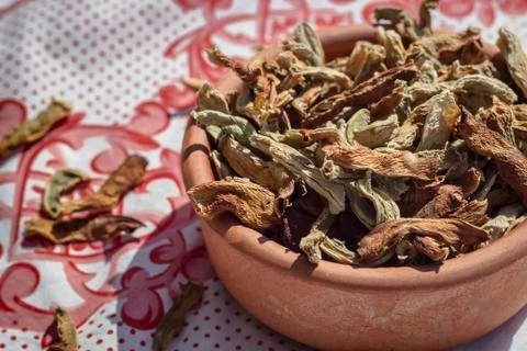 Side shoot of traditionally dried under sun string beans on small olla with s Foto stock