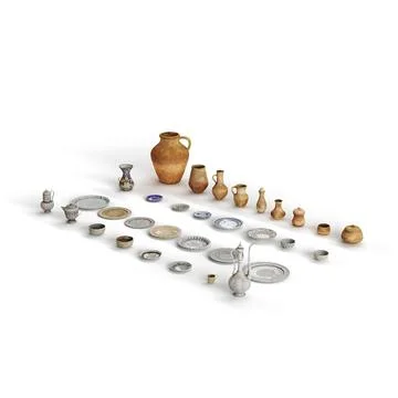 Side shot of a 3D rendered scale model collection of old pottery and vases Stock Illustration