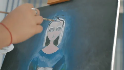 Side shot behind hand blouse painting an oil painting 스톡 동영상 130617319