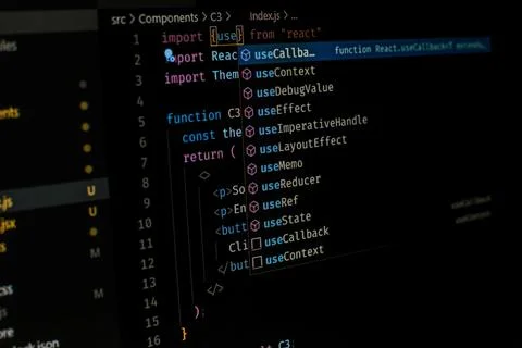Side shot of a code editor using react js Stock Photos