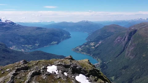 Side shot of mountain peak against Loen valley Norway Stock Footage 158151086