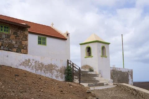 Side shot of Nossa Senhora da Conceicao church close up in Boa Vista island Stockfoto's