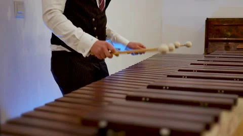 Side shot of percussion player on marimba. attractive man musician enjoys Stock Footage 144605909