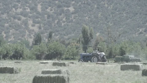 SIDE SHOT OF TRACTOR CUTTING MAKING HAY IN GREEN FIELD GRASS IN WIDE SLOW MOTION Stock Footage 100775927