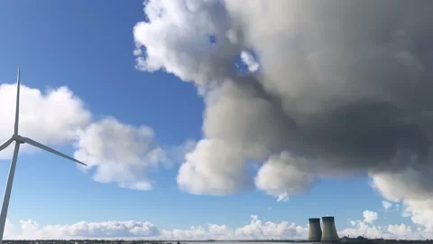 Side shot of a windmill and nuclear power plant in Doel. Belgium Video stock 204717484