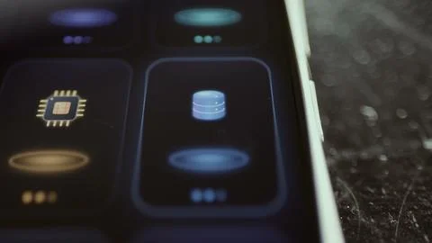 Side-by-side application controls present a gold processor chip and blue Stock Photos