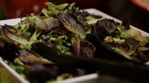 Side to side circle shot in slow motion of dark green lettuce at the salad bar Stock Footage 85843983