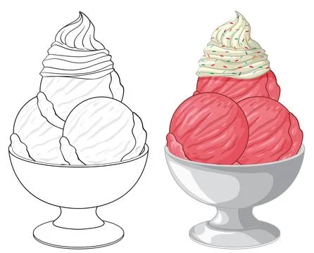 Side-by-side comparison of a line art and colored strawberry ice cream sundae Stock Illustration