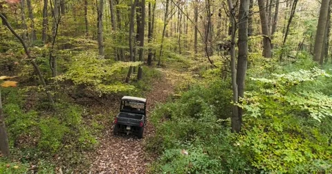 Side-by-side going down a path in the forest with beautiful fall foliage, drone Stock Footage 254498566