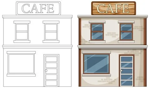 Side-by-Side Outline and Colored Urban Cafe Building Ilustración de archivo