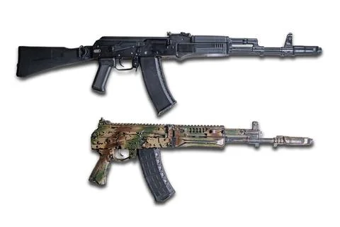 Side-by-side rifles on a plain background, one black AK-style matte finish,.. Photos