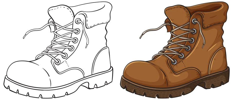 Side-by-Side Vector Illustration of Work Boot in Color and Outline Stock Illustration