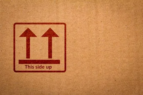 This Side Up sign in a packaging box. Foto stock