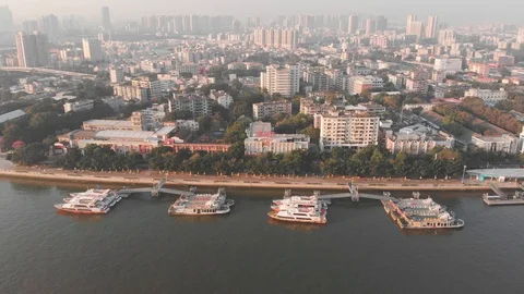 Side span by drone over the Pearl River. Boats moored on the river. Stock Footage 101860981