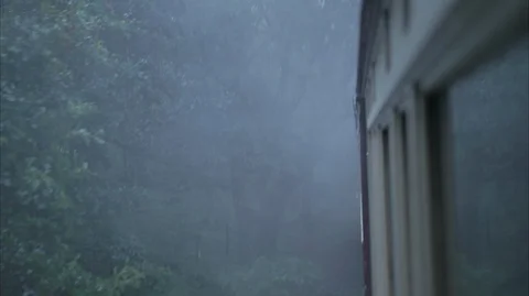 Side of a steam train smoke and rainy woodland view from a moving carriage Stock Footage 128357719