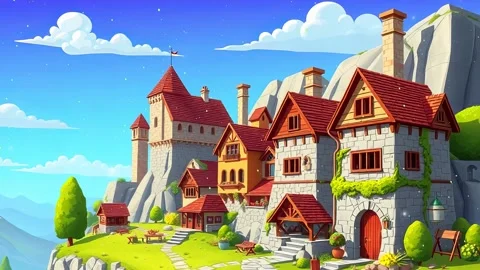 Side Stone Castle town : Illustration Stone town with a castle. Stock-Footage 308846953