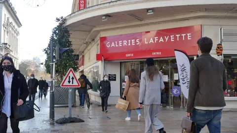 Side store view of Galeries Lafayette 2020-12-19 Tours, France. Christmas Stock Footage 145558156