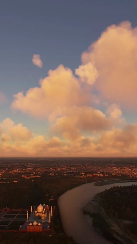 Side Sunset Aerial View of the Taj Mahal in Agra; Uttar Pradesh. India Stock Footage 284490519
