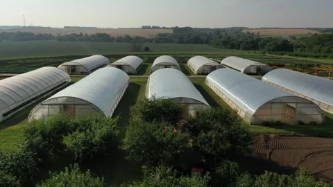Side tracking drone over Kashira greenhouses Video stock 328690320