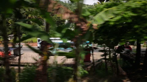 Side tracking view of bus in Sri Lanka, seen from moving train Stock Footage 328626678