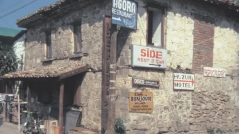 Side, Turkey - 1983: Stone buildings where traditional village stores function Stockbeeldmateriaal 241334384