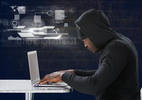 Side view of 3d hacker using a laptop in front of blue digital background Stock Photos