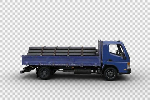 Side view 3D illustration of a blue flat bed truck loaded with pipes isolated Stock Illustration