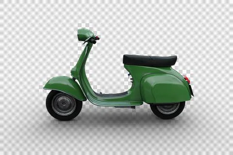 Side view 3D illustration of a green generic motor scooter isolated on a tran Stock Illustration