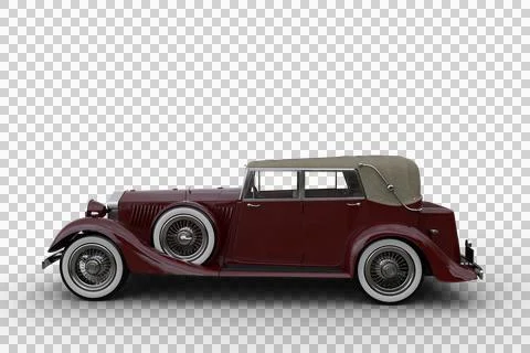Side view 3D illustration of a large old red vintage car with soft top roof i Illustrazione stock