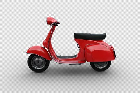 Side view 3D illustration of a red generic motor scooter isolated on a transp Illustrazione stock