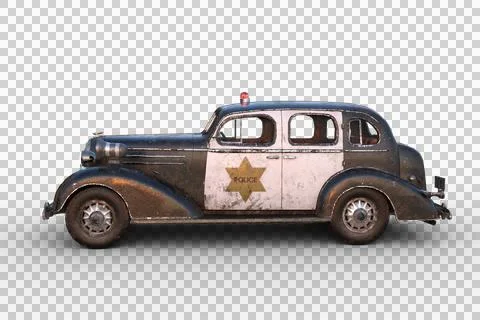 Side view 3D illustration of a rusty dirty old vintage police car isolated on Stock Illustration
