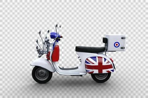 Side view 3D illustration of a white motor scooter with British flag and mult Stock Illustration