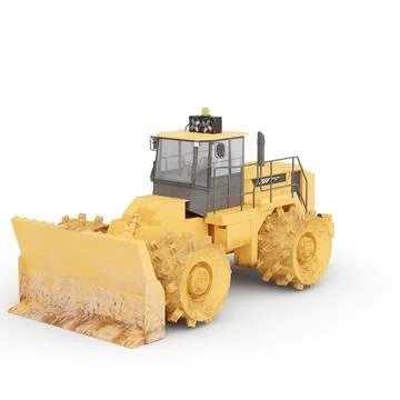 Side view of a 3D-rendered Caterpillar 836h landfill bulldozer model against a w Stock Illustration
