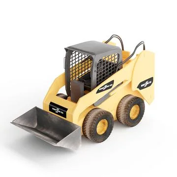 Side view of a 3D-rendered skid-steer loader caterpillar model against a white b Stock Illustration