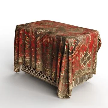 Side view of a 3D rendered wooden storage box with a traditional red carpet on t Stock Illustration