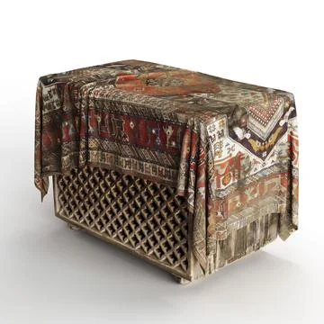 Side view of a 3D rendered wooden storage box with a traditional carpet on top Stock Illustration