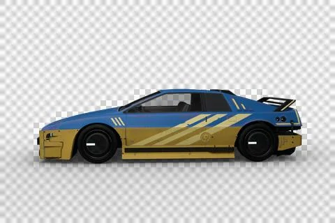 Side view 3D rendering of a blue and yellow futuristic cyberpunk style car is Stock Illustration