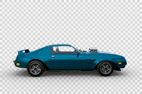 Side view 3D rendering of a blue and white 1970s retro American muscle car is Stock Illustration