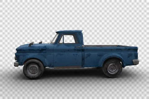 Side view 3D rendering of a dirty old vintage blue pickup truck isolated on t Illustrazione stock