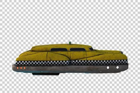 Side view 3D rendering of a flying cyberpunk yellow taxi cab isolated on tran Stock Illustration
