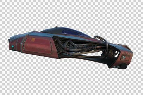 Side view 3D rendering of a futuristic sci-fi flying car isolated on transpar Illustrazione stock