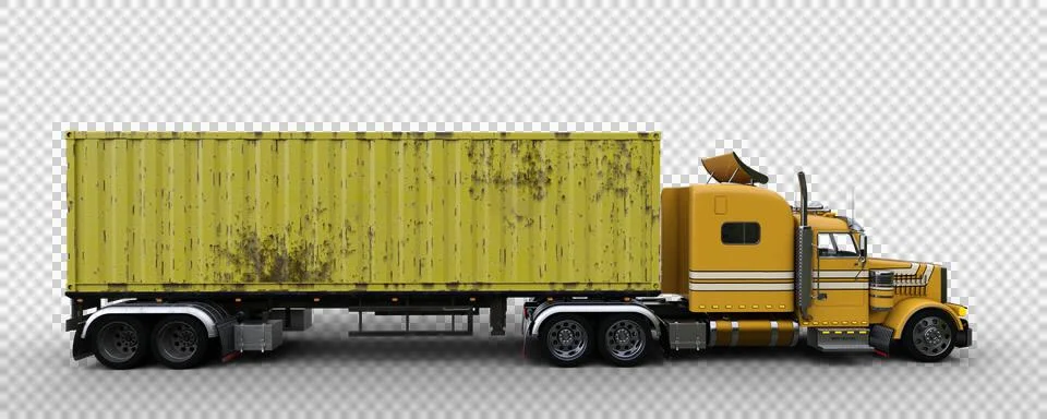 Side view 3D rendering of a large unbranded yellow articulated freight truck  Stock Illustration